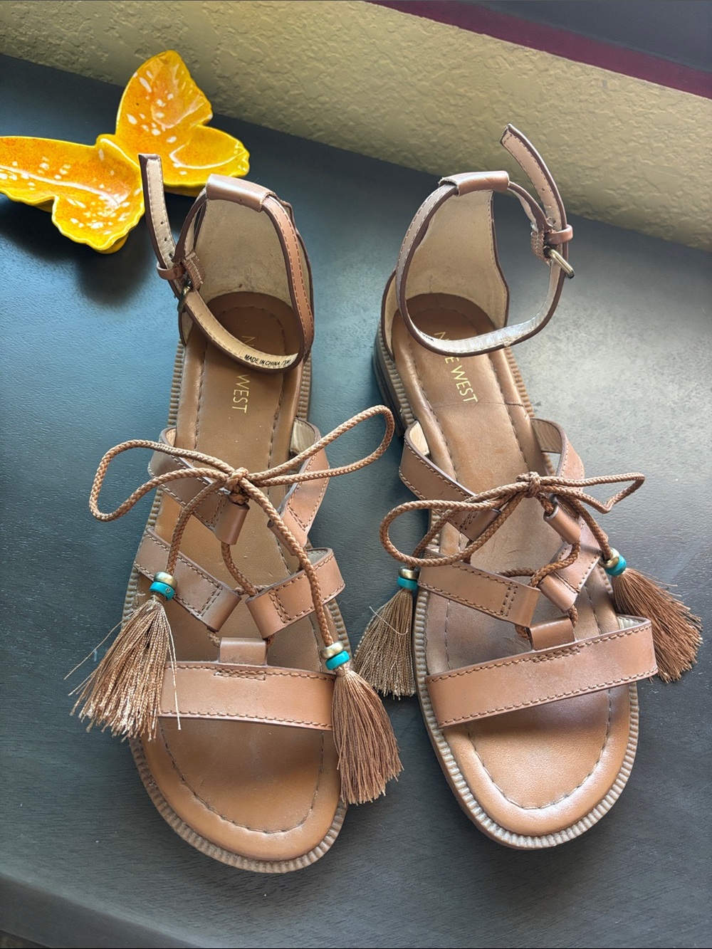 Nine West Tan Tassel Ankle-Strap Sandals